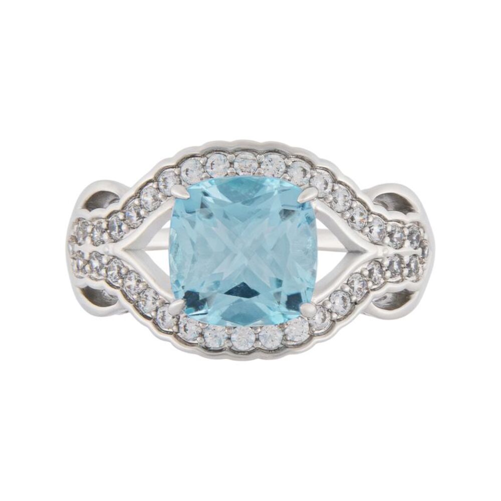 Platinum Plated Cushion Cut Genuine Blue Topaz Statement Ring, Size 9